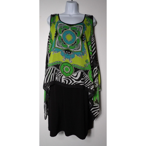 S.L. Fashions 18W Dress Shift Boho Layered Black Green Peasant Abstract Artsy - Picture 1 of 10